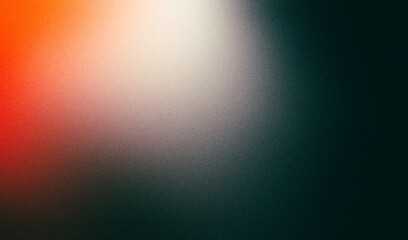 Color gradient grainy background, red orange white illuminated spots on black, noise texture effect