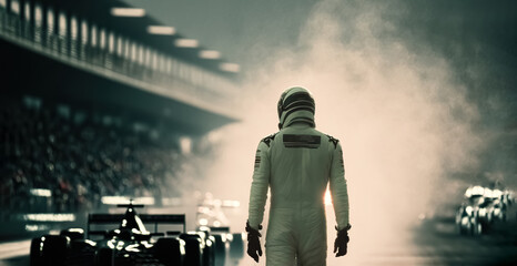 Formula one driver stands watching rivals on the track. Banner with copy space, digital art ai