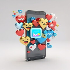 Social media platform, applications concept, emoji, hearts, chat and chart with smartphone, Made by AI,Artificial intelligence