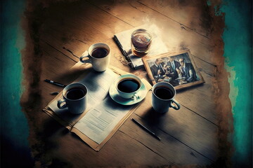 Fototapeta premium hot coffee cup on table, relax time, morning time, Made by AI,Artificial intelligence