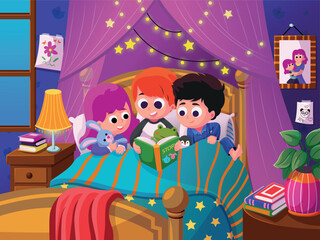 cute illustration of a boy reading a bedtime story book to his friend lying on the bed at the window. tell fairy tales.