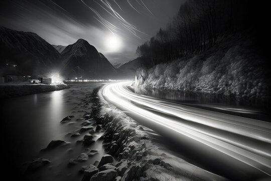 A mesmerizing light trail of a single vehicle illuminates a winding, lonely road through the darkness. The striking image captures the stillness and solitude of a night-time drive Generative AI