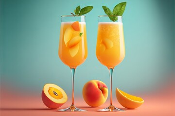 Add a Fruity Touch to Your Brunch: Peach Mimosa or Bellini Cocktails - Generative AI - obrazy, fototapety, plakaty