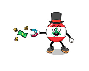 Character Illustration of lebanon flag catching money with a magnet