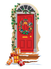 Christmas door decoration. Christmas card or poster or banner. Vector illustration.