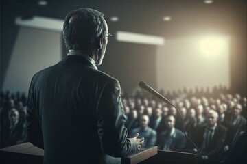 Fototapeta premium Inspiring Leadership: Dynamic Speaker Captivates Audience at Business Conference
