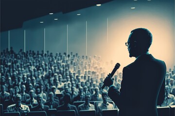 Obraz premium Inspiring Leadership: Dynamic Speaker Captivates Audience at Business Conference
