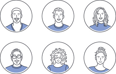 Smiling people avatars illustration set, Lines style, modern and fun, clean design.