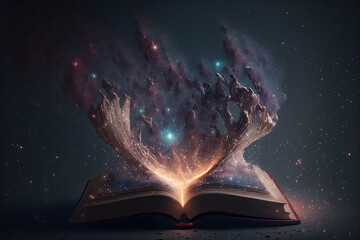 An open book with cosmic dusk floating out of it. Generative AI.