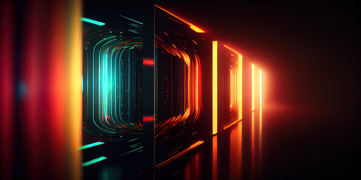 Ultra-wide Desktop Background image of neon light rays with flares and reflections, ai generated