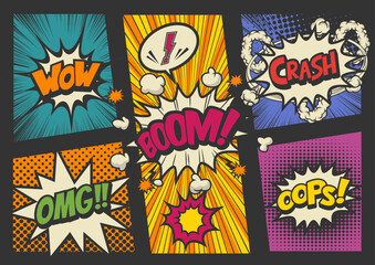レトロ調アメコミ風コマ割り素材 Retro pop art comics book magazine, speech bubble, balloon, box message
