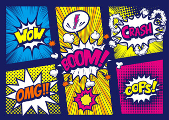 アメコミ風コマ割り素材 Retro pop art comics book magazine, speech bubble, balloon, box message