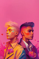 Obraz premium Romantic illustration lgbtq pride concept. Two young gay boy in love together. Pink background. Generative AI on Partners Intimate moment, couple side view, Homosexual rights concept, copy text space
