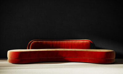 Modern interior design with vibrant red sofa and empty black wall background. 3D Rendering, 3D...
