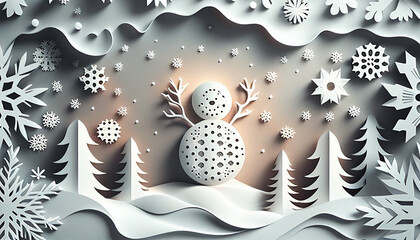 Christmas background with gift boxes, deer, reindeer, snow, snowflake, tree, and snowman. with paper cut style. Generative AI