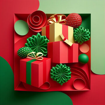 Merry Christmas and happy New Year background with snowflake snowman gift boxes in paper cut style. Generative AI