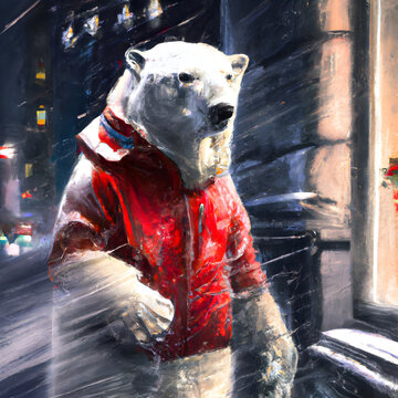 A Polar Bear wearing a red jacket in New York City during a blizzard.