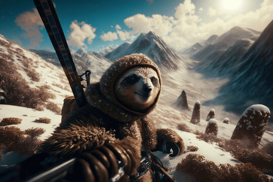 Sloth Influencer. Selfie of Sloth skiing. Illustration