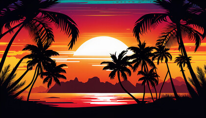Obraz premium Summer landscape background with sunset beach scene. Generative AI