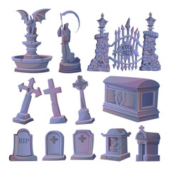 graves and other cartoon vector sets of tombstones and monuments. Cemetery crosses and grave stone monuments with RIP or rest in peace signs and memorials