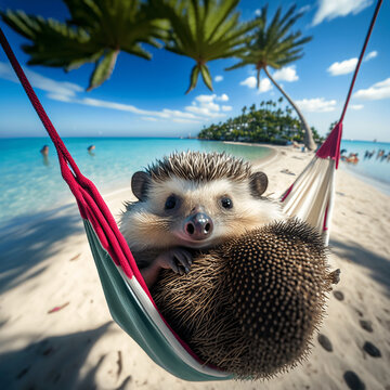 Hedgehog Influencer. Selfie of Hedgehog on a hammock in a tropical beach. Illustration