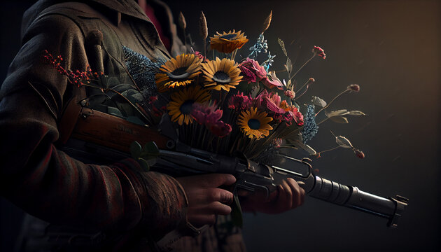 Guns firing flowers in the hands of a soldier. Disarmament, antiwar, pacifism concept