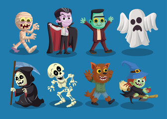 vector illustration of Halloween characters with reaper, vampire, werewolf, mummy, witch, zombie, skeleton