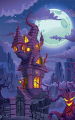 Halloween ghost tree and dark witch's house on blue moon and mountains background, vector illustration.