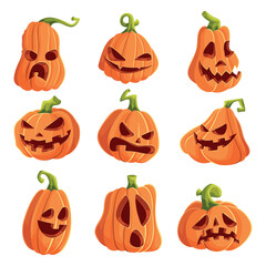 Set of pumpkins on a white background. Orange pumpkins with different expressions smiling, angry, sad for your designs for Halloween holidays. Vector illustration.