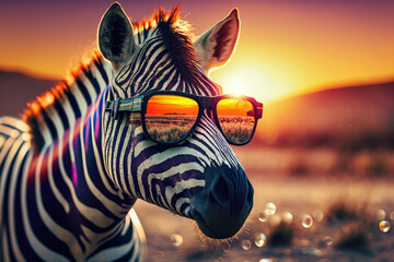 zebra wearing reflective sunglasses in the sunset - obrazy, fototapety, plakaty