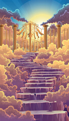 illustration of majestic heavenly gate surrounded by clouds and stairs leading to heavenly city entrance on twilight light background