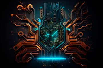 High tech electronic circuit board background affected by computer virus Generative AI