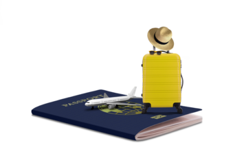 Tourism concept with luggage and planes placed on top of the blue passport .