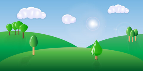 Fototapeta na wymiar Bright rustic scenery. Picturesque sunny view with 3d green hills, clouds and trees on horizon on blue sky background. Simple cute cartoon landscape. Children nature composition
