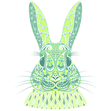 Patterned rabbit head in green tones with Paisley elements inspired by the Zentangle. Decorative bunny pattern in ethnic indian style. Henna, Mehndi, tattoo Coloring book page.