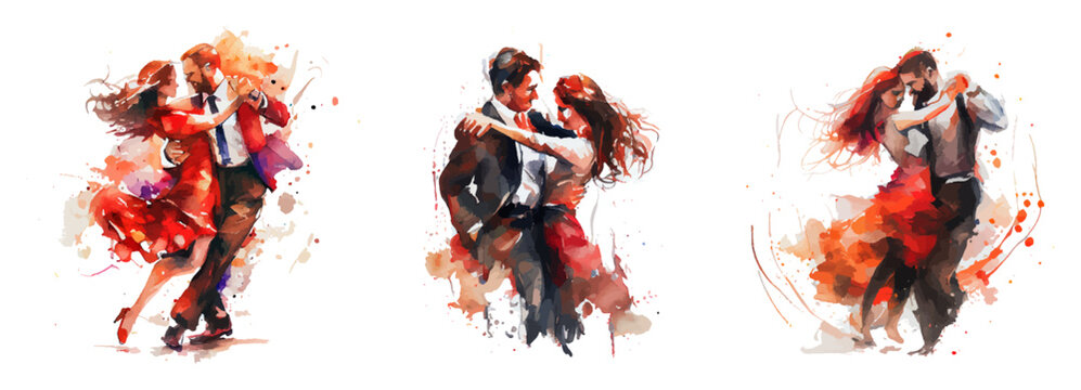 Passionate dance in watercolor style isolated on white background. Man and woman dancing tango. Tango watercolor dance illustration. Ideal for postcard, advertisement, book, poster, banner. Vector 
