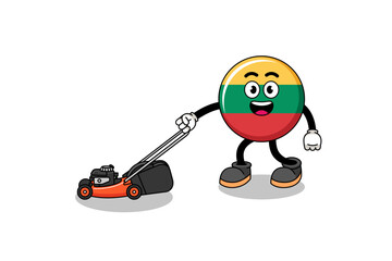 lithuania flag illustration cartoon holding lawn mower