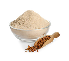 Bowl with flour and scoop of buckwheat on white background