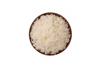  Top view of Rice in wooden bowl on white