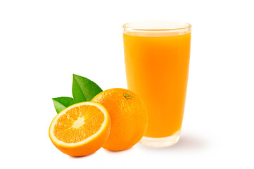 Glass of orange juice and orange isolated on white background.