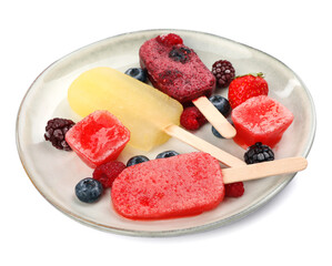 Plate of different tasty ice pops isolated on white. Fruit popsicle