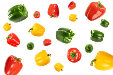 Falling  various of Bell peppers or Sweet peppers isolated on white background.