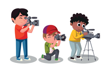 Cameraman or video operator recording video, isolated set cartoon vector illustration.
