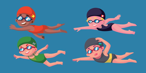 Cartoon vector swimmer. Various swimmer set characters in action poses.
