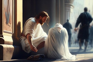 Jesus Christ talking on the street with a man on the ground