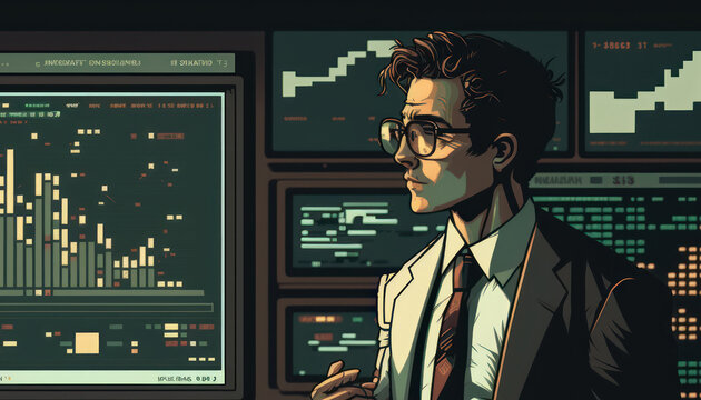 Pixel art of business man trading stock market background. Financial concept. Generative AI