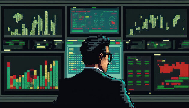 Pixel art of business man trading stock market background. Financial concept. Generative AI