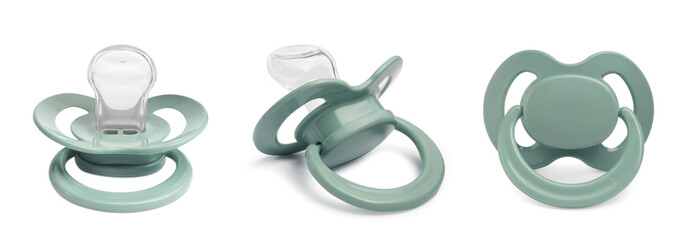 Collage of pale green baby pacifier on white background, views from different sides