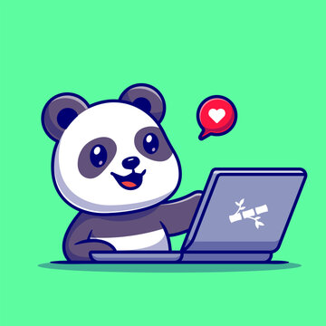 Cute Panda Working On Laptop Cartoon Vector Icon 
Illustration. Animal Technology Icon Concept Isolated 
Premium Vector. Flat Cartoon Style