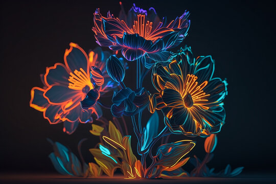 Bright, colourful and imaginary neon flowers against a dark background.  Generative AI.